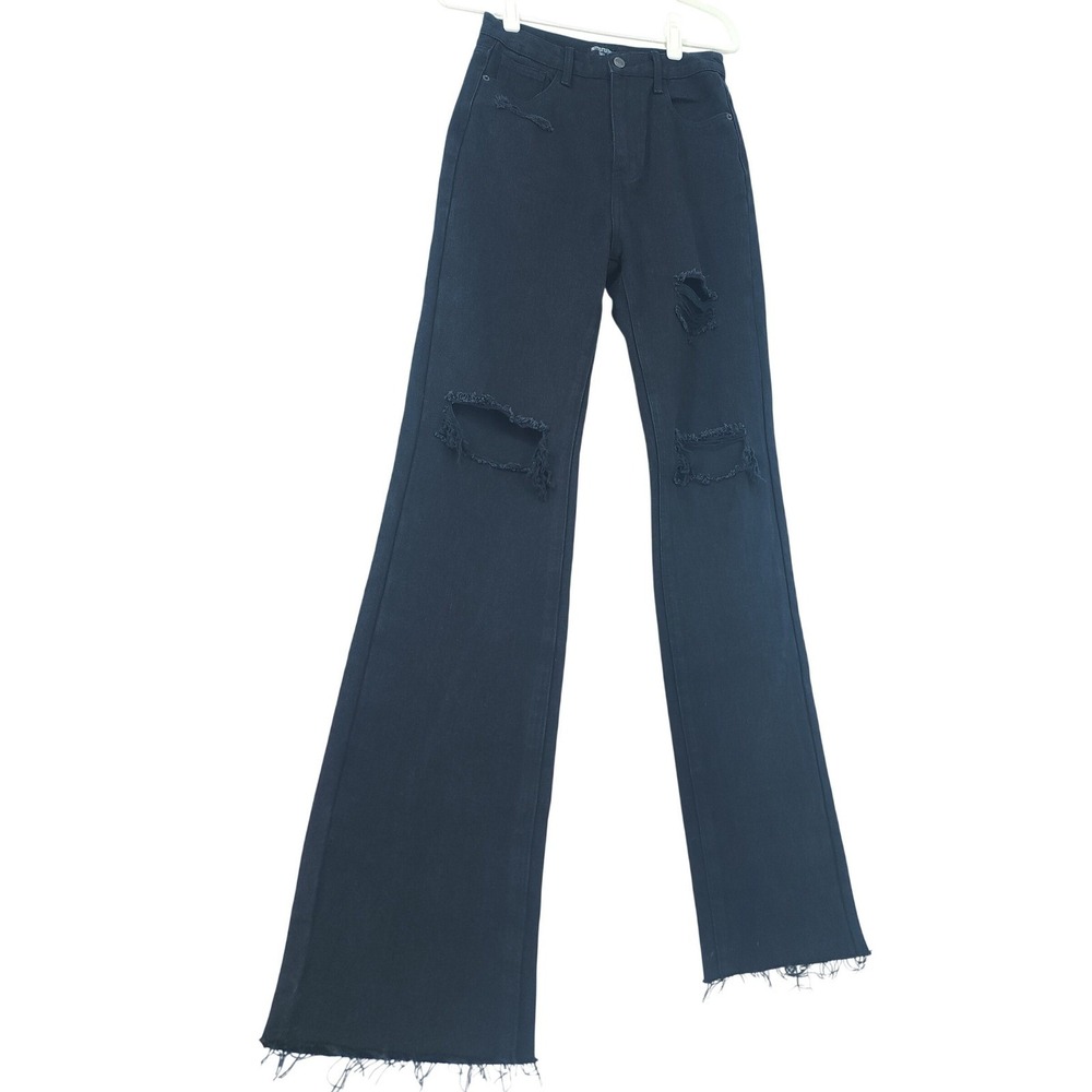 PrettyLittleThing TALL Straight Leg Jeans Women US 2 Black Y2K Distressed Ripped